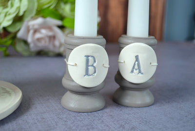 Round PERSONALIZED Unity Candle Ceremony Set - with tiles on candle holders