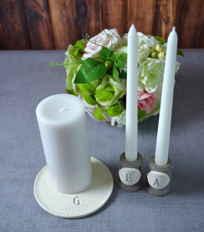 Round PERSONALIZED Unity Candle Ceremony Set - with tiles on candle holders