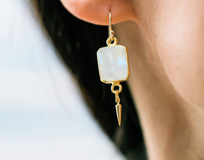 Moonstone Gemstone Slice Earrings, Raw Birthstone Earrings