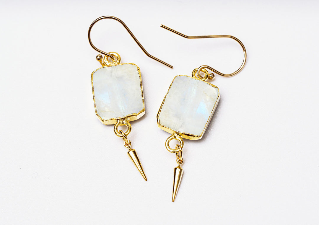 Moonstone Gemstone Slice Earrings, Raw Birthstone Earrings