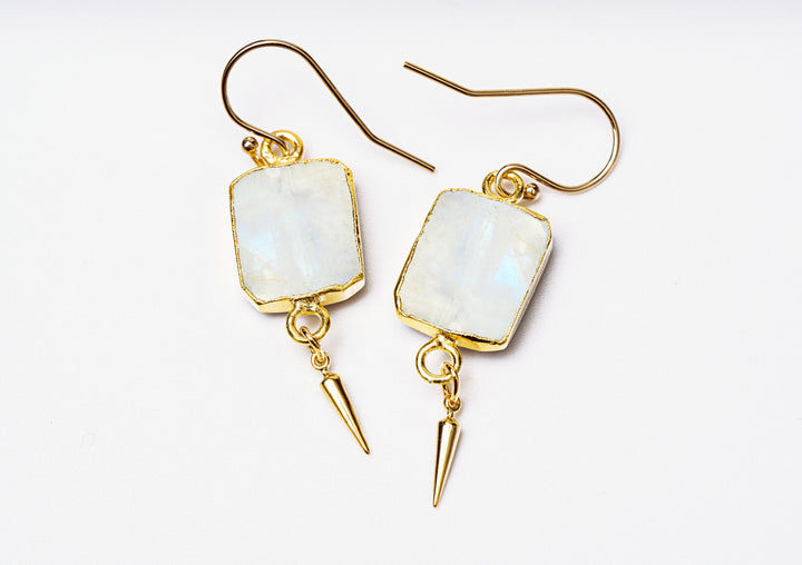 Moonstone Gemstone Slice Earrings, Raw Birthstone Earrings