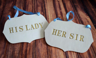 Large Gold 'His Lady' 'Her Sir' Wedding Sign Set to Hang on Chair and Use as Photo Prop