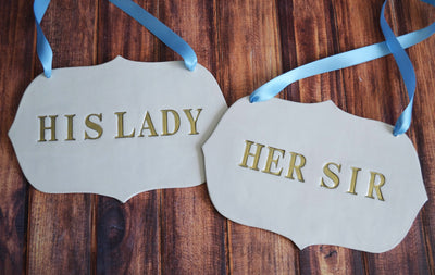 Large Gold 'His Lady' 'Her Sir' Wedding Sign Set to Hang on Chair and Use as Photo Prop