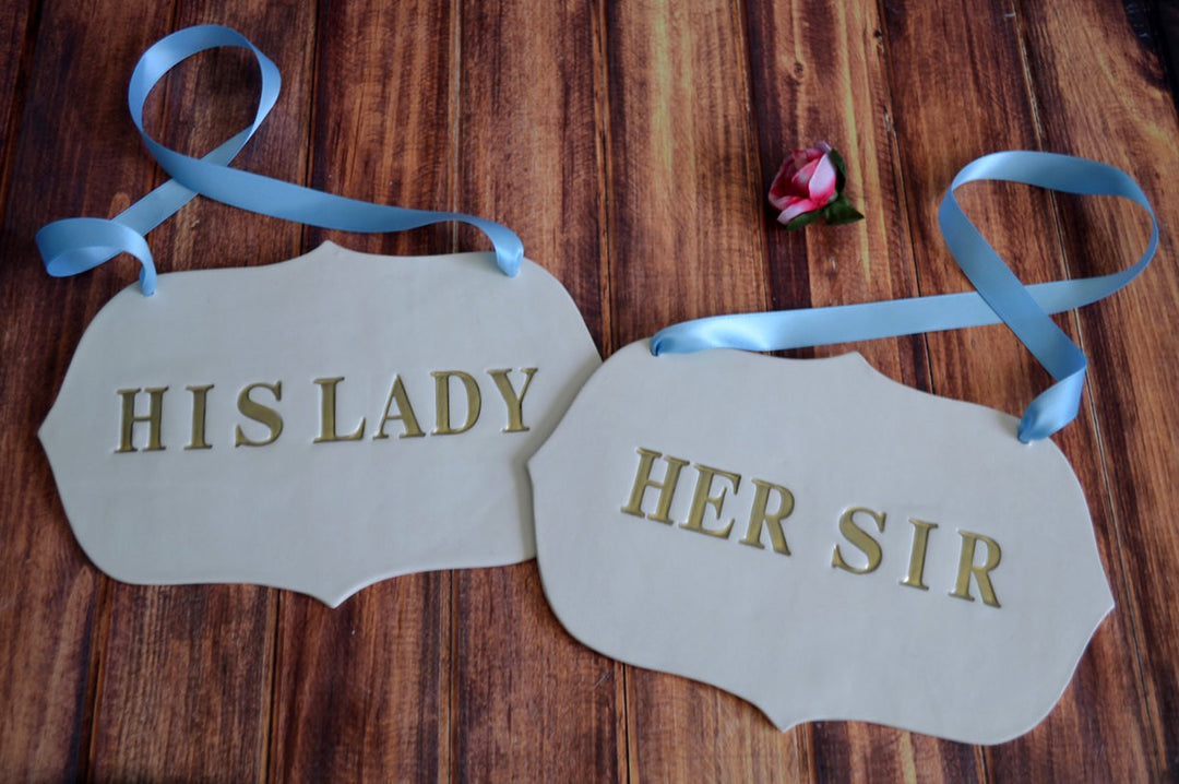 Large Gold 'His Lady' 'Her Sir' Wedding Sign Set to Hang on Chair and Use as Photo Prop