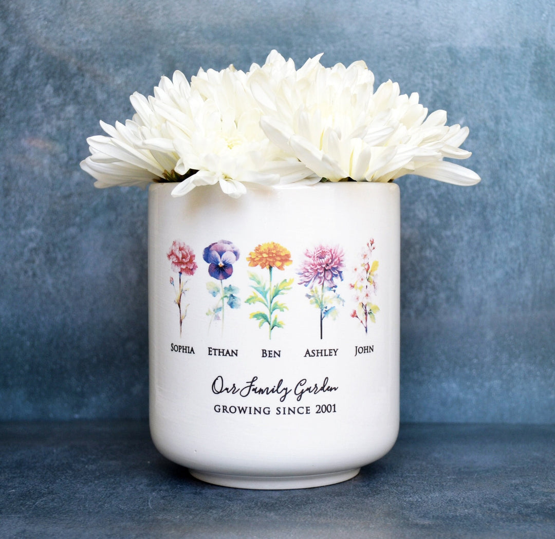 Birth Month Flower Personalized Flower Pot, Garden of Love Personalized Planter - Medium or Large - Color