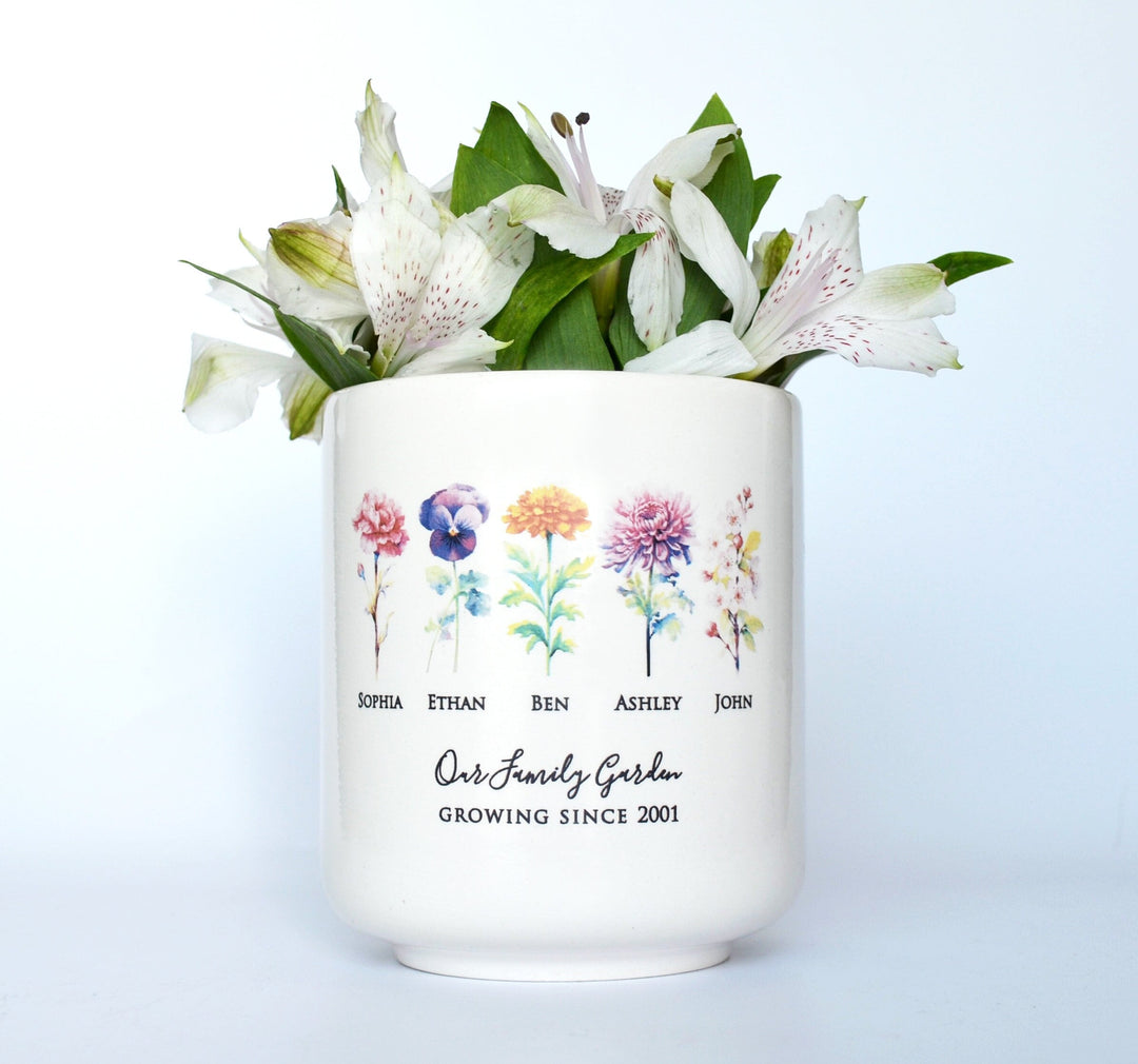 Birth Month Flower Personalized Flower Pot, Garden of Love Personalized Planter - Medium or Large - Color