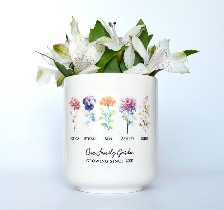 Birth Month Flower Personalized Flower Pot, Garden of Love Personalized Planter - Medium or Large - Color