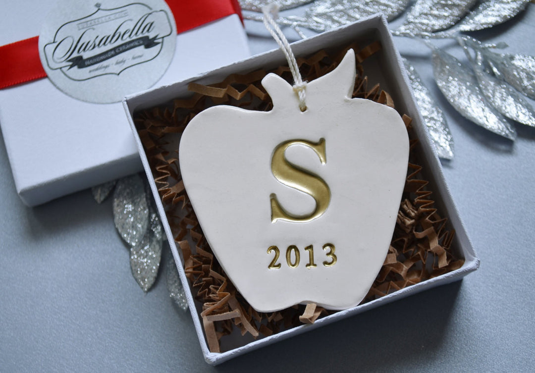 Personalized Teacher Gift - Apple Ornament With Last Name Initial