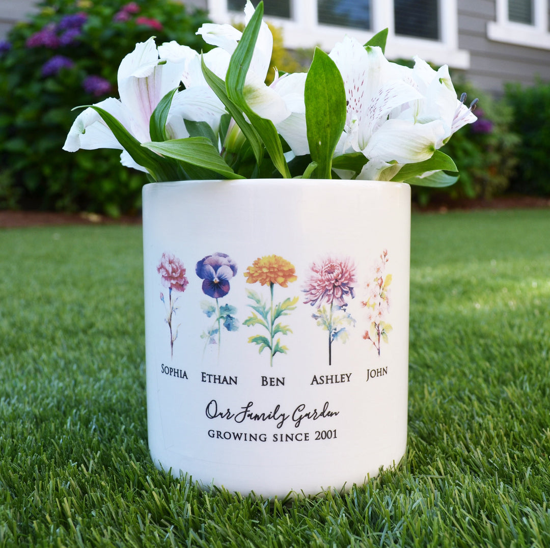 Birth Month Flower Personalized Outdoor Flower Pot, LARGE Size - Color