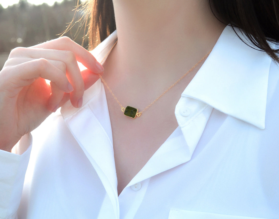 Peridot Gemstone Slice Necklace, Raw Birthstone Necklace