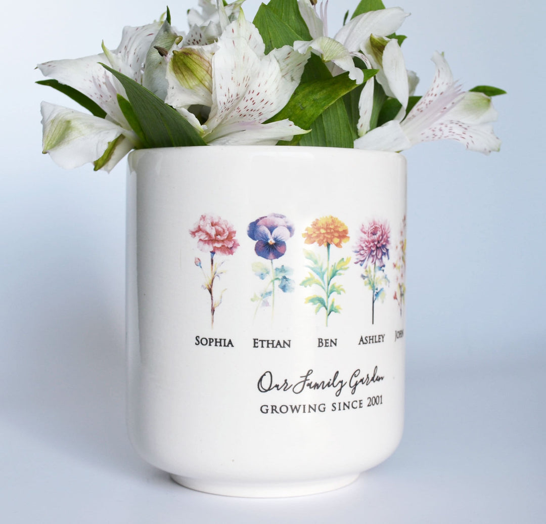 Birth Month Flower Personalized Flower Pot, Garden of Love Personalized Planter - Medium or Large - Color