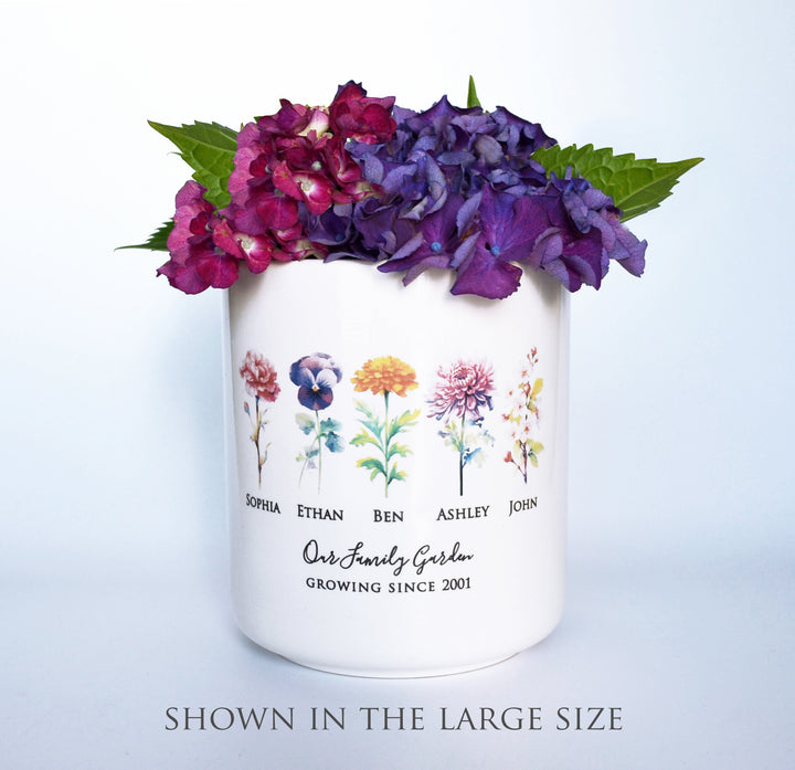 Birth Month Flower Personalized Flower Pot, Garden of Love Personalized Planter - Medium or Large - Color