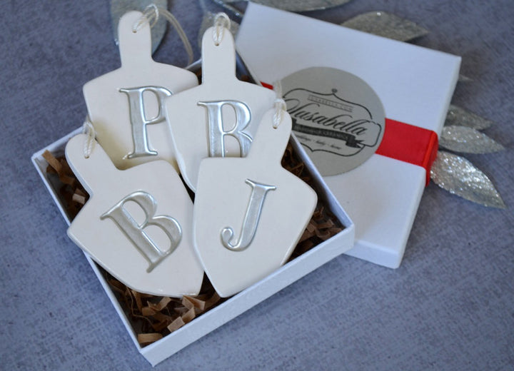 Set of 4 Personalized Dreidel Hanukkah Ornaments with Initials