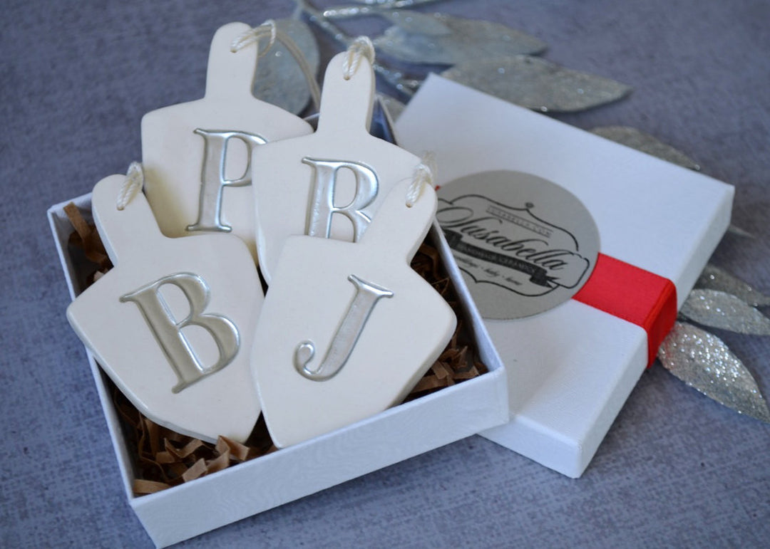 Set of 4 Personalized Dreidel Hanukkah Ornaments with Initials