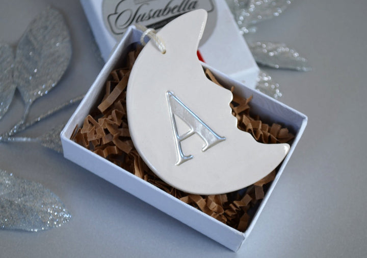 Personalized Baby's First Christmas Ornament - Moon Shaped with Initial