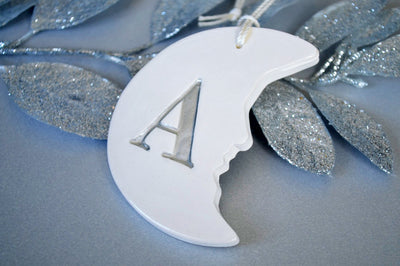 Personalized Baby's First Christmas Ornament - Moon Shaped with Initial