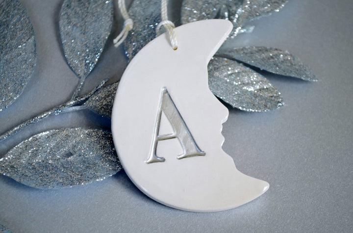 Personalized Baby's First Christmas Ornament - Moon Shaped with Initial