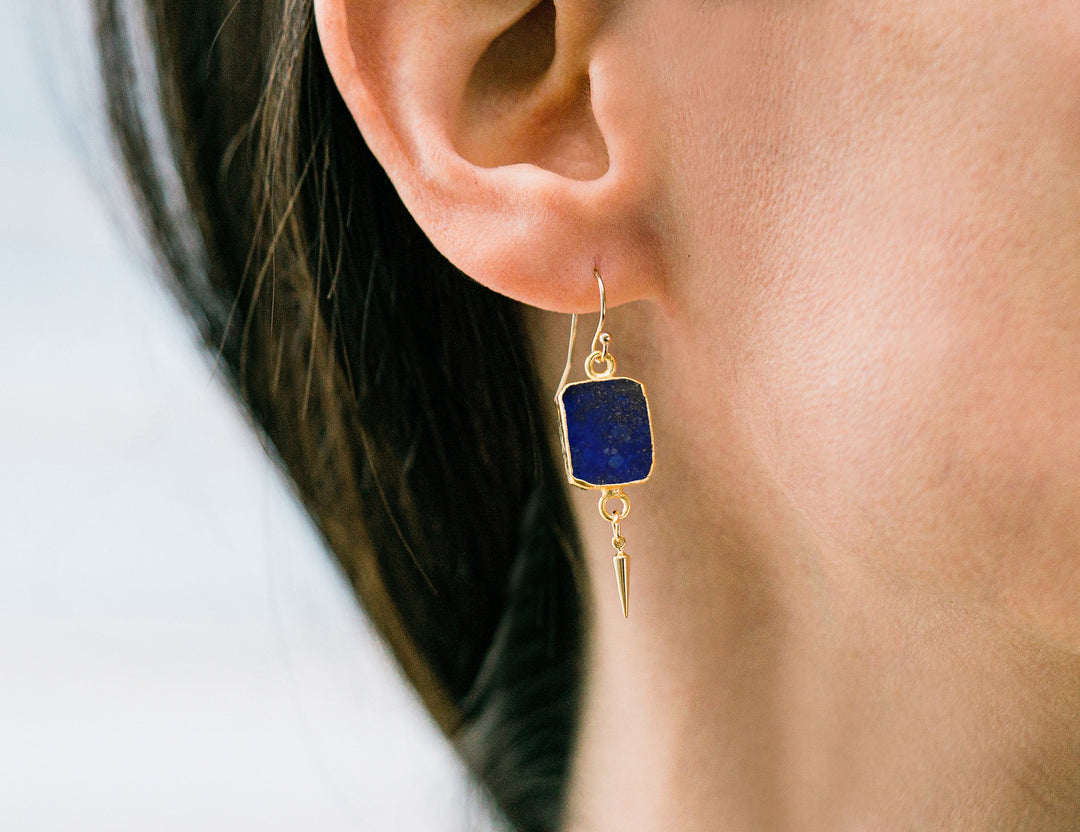 Lapis Lazuli Gemstone Slice Earrings, Raw Birthstone Earrings