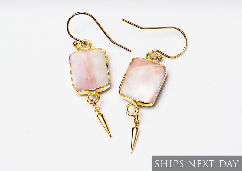 Pink Opal Gemstone Slice Earrings, Raw Birthstone Earrings