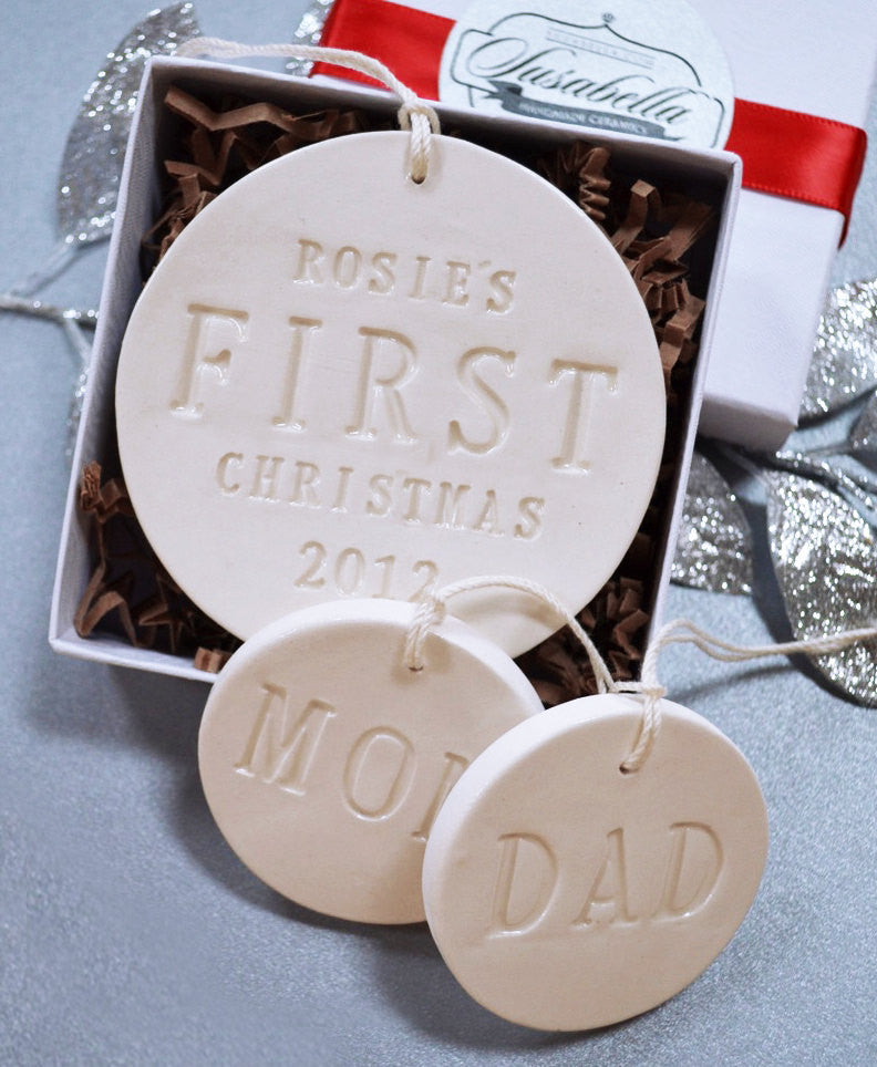 Personalized Baby's First Christmas set with Mom and Dad Ornaments 2024