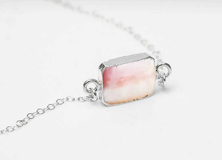 Pink Opal Gemstone Slice Necklace, Raw Birthstone Necklace