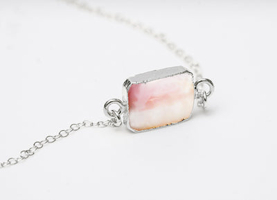 Pink Opal Gemstone Slice Necklace, Raw Birthstone Necklace