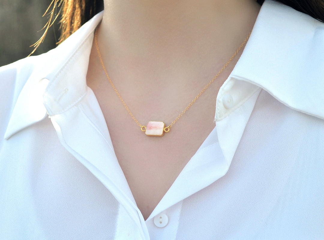 Pink Opal Gemstone Slice Necklace, Raw Birthstone Necklace