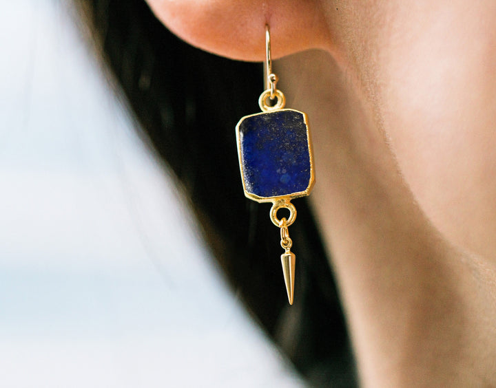 Lapis Lazuli Gemstone Slice Earrings, Raw Birthstone Earrings