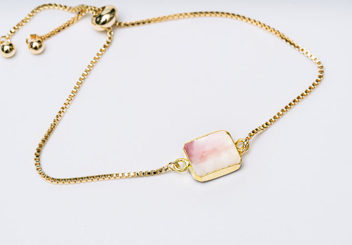 Pink Opal Gemstone Slice Bracelet, Raw Birthstone Bracelet