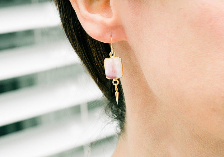 Pink Opal Gemstone Slice Earrings, Raw Birthstone Earrings