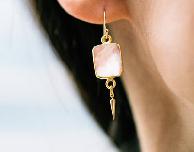 Pink Opal Gemstone Slice Earrings, Raw Birthstone Earrings