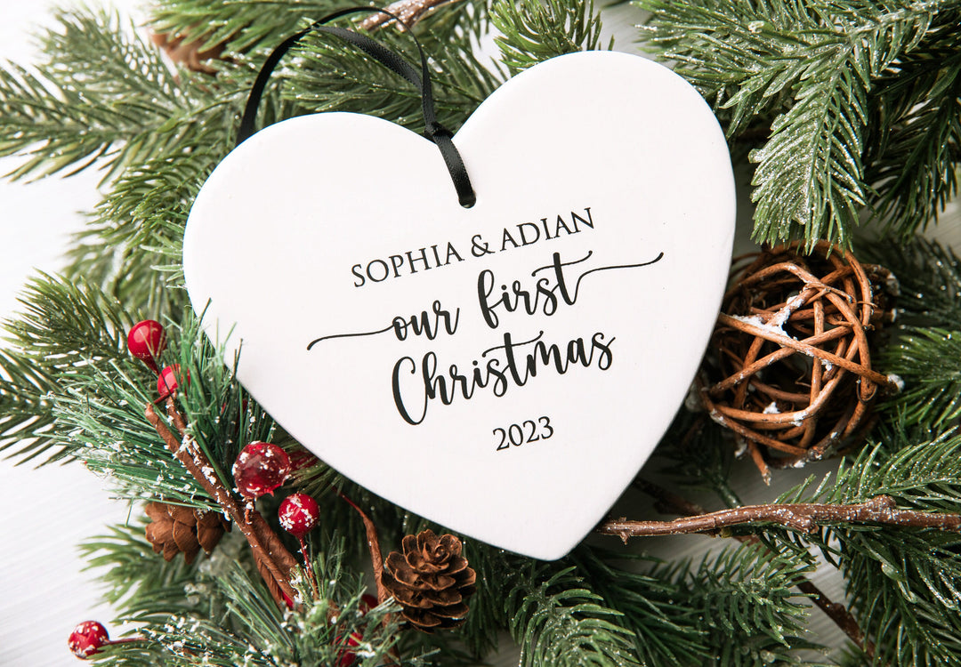 Our First Christmas Ornament 2024, Personalized Wedding Heart Ornament