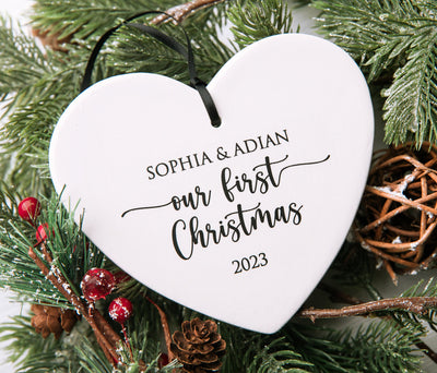 Our First Christmas Ornament 2024, Personalized Wedding Heart Ornament