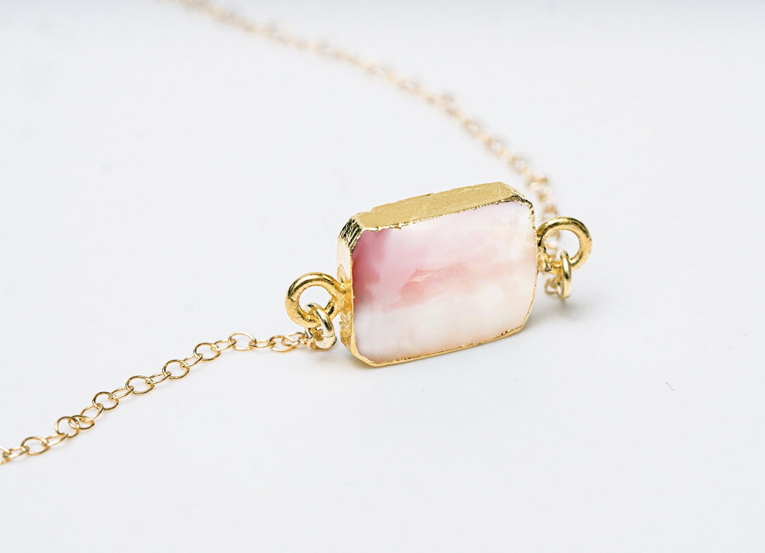 Pink Opal Gemstone Slice Necklace, Raw Birthstone Necklace