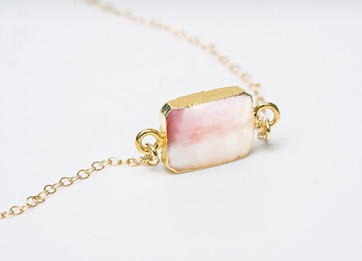 Pink Opal Gemstone Slice Necklace, Raw Birthstone Necklace