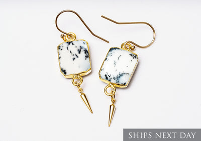 Dendrite Opal Gemstone Slice Earrings, Raw Birthstone Earrings