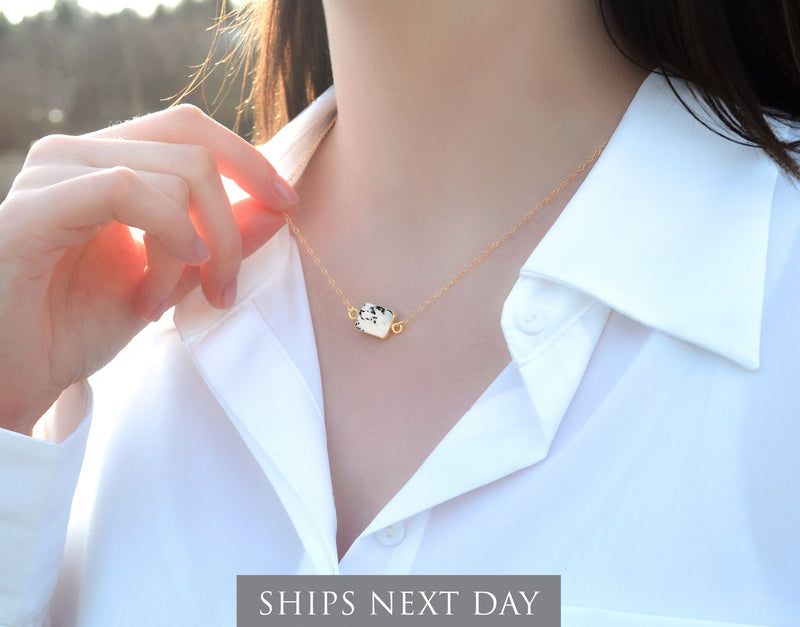 Dendrite Opal Gemstone Slice Necklace, Raw Birthstone Necklace