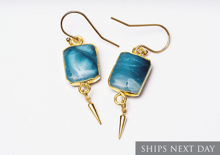 Blue Opal Gemstone Slice Earrings, Raw Birthstone Earrings