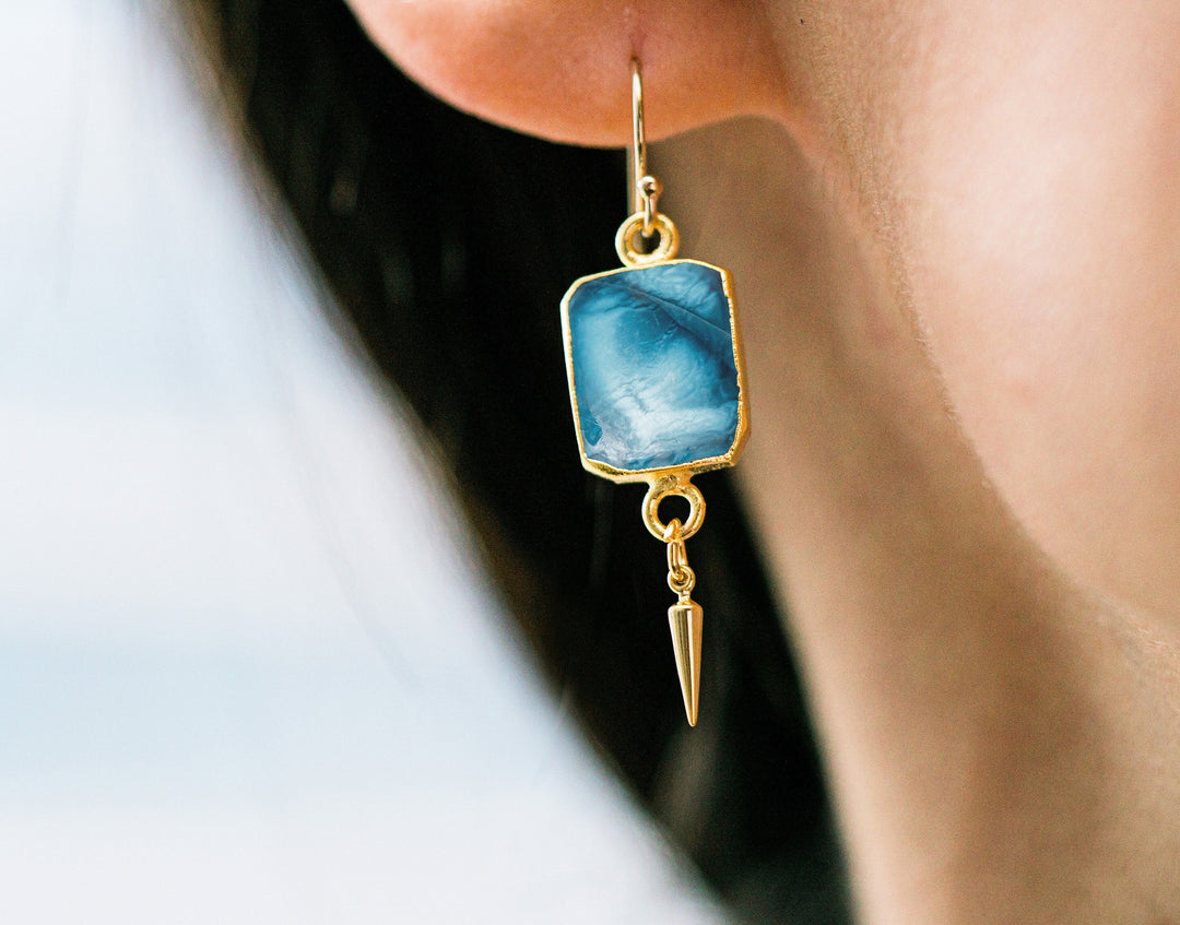 Blue Opal Gemstone Slice Earrings, Raw Birthstone Earrings