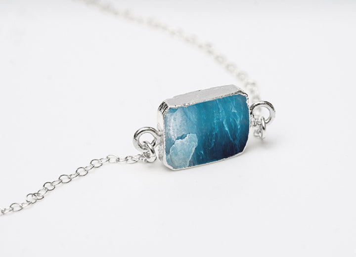 Blue Opal Gemstone Slice Necklace, Raw Birthstone Necklace