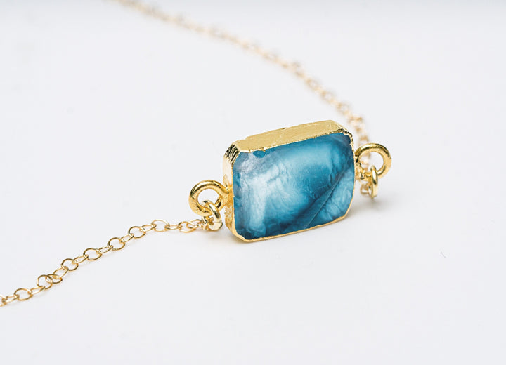 Blue Opal Gemstone Slice Necklace, Raw Birthstone Necklace