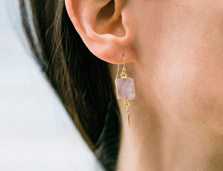 Rose Quartz Gemstone Slice Earrings, Raw Birthstone Earrings