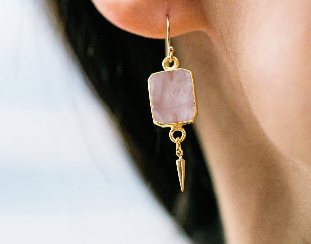 Rose Quartz Gemstone Slice Earrings, Raw Birthstone Earrings