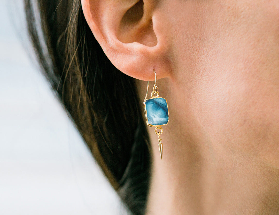 Blue Opal Gemstone Slice Earrings, Raw Birthstone Earrings