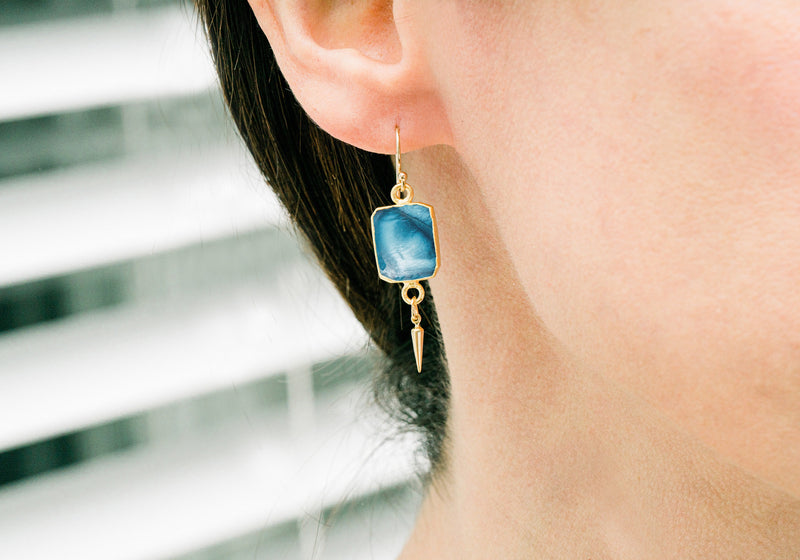 Blue Opal Gemstone Slice Earrings, Raw Birthstone Earrings