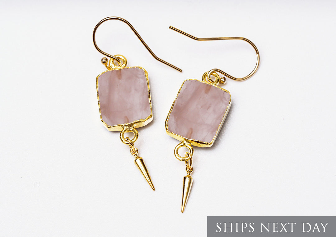 Rose Quartz Gemstone Slice Earrings, Raw Birthstone Earrings