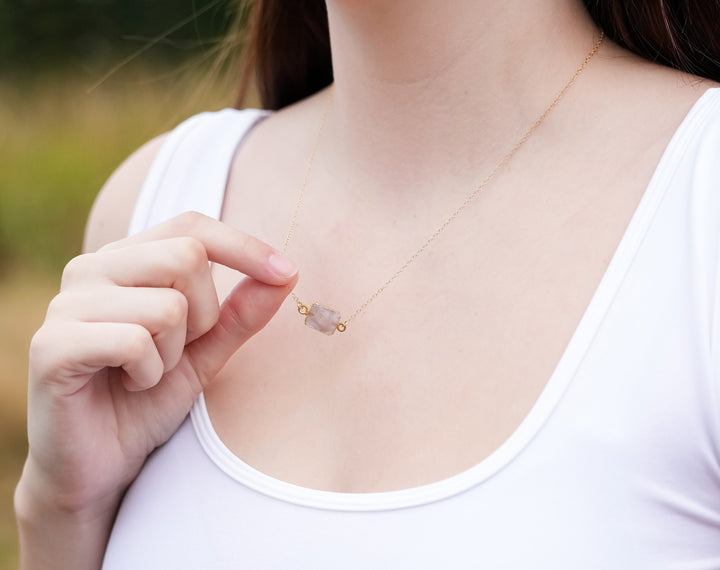 Rose Quartz Gemstone Slice Necklace, Raw Birthstone Necklace