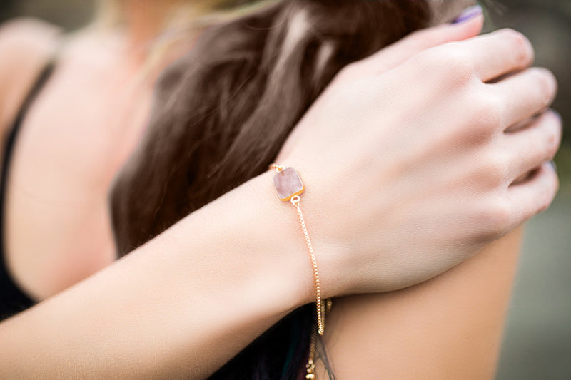 Rose Quartz Gemstone Slice Bracelet, Raw Birthstone Bracelet
