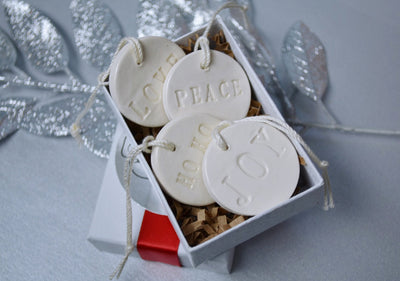 4 Miniature Christmas Ornaments- Love, Joy, Peace and Ho Ho Ho - READY TO SHIP