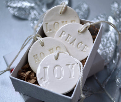 4 Miniature Christmas Ornaments- Love, Joy, Peace and Ho Ho Ho - READY TO SHIP